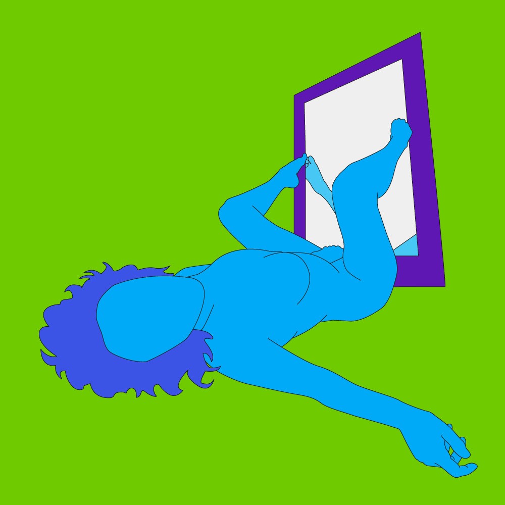 A naked illustrated woman led in front of a full-length mirror.
